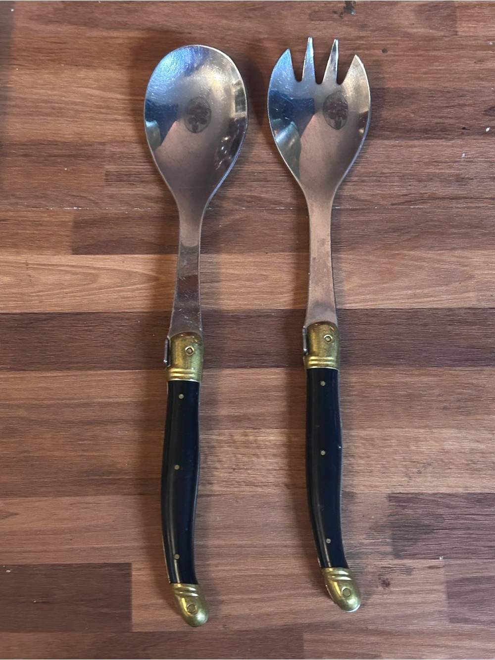 Vintage Laguiole Inox France black and brass bee salad serving set flatware